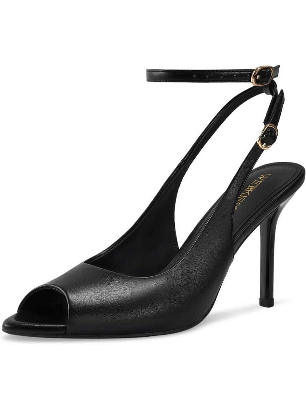 Women's Matte Black Faux Leather Open Pointed Peep Toe Ankle Strap High Heels